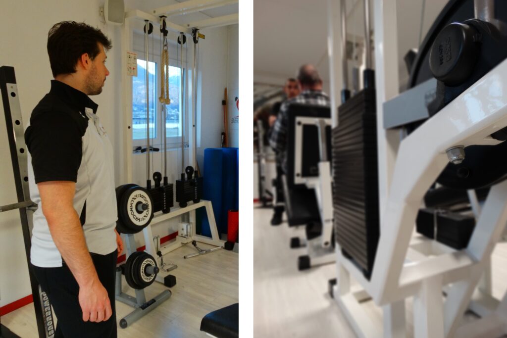 Fisioterapisti con pazienti nella sala attrezzi del studio Physio Sport Progress presso Giubiasco